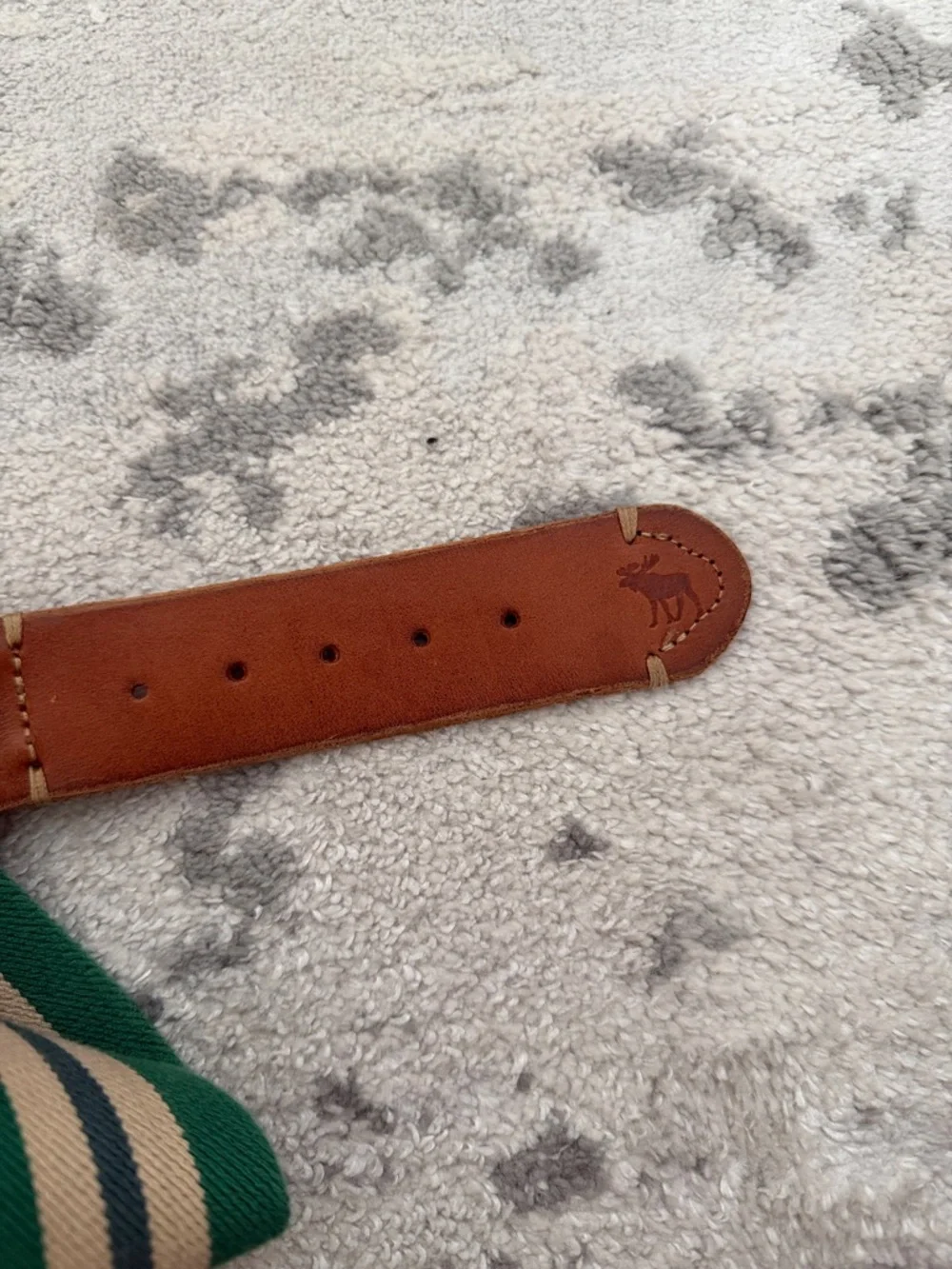 Abercrombie & Fitch Green and Cream Striped elastic belt with Brown Leather